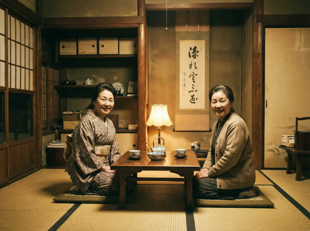 两位优雅的 鲍鱼tv 在日式茶室中品茶交谈